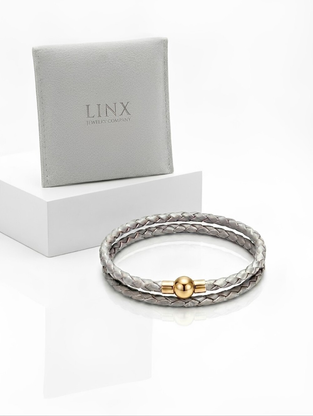 Linx Double Wrap Silver Leather Braided Cord Bracelet with Gold Magnetic Clasp